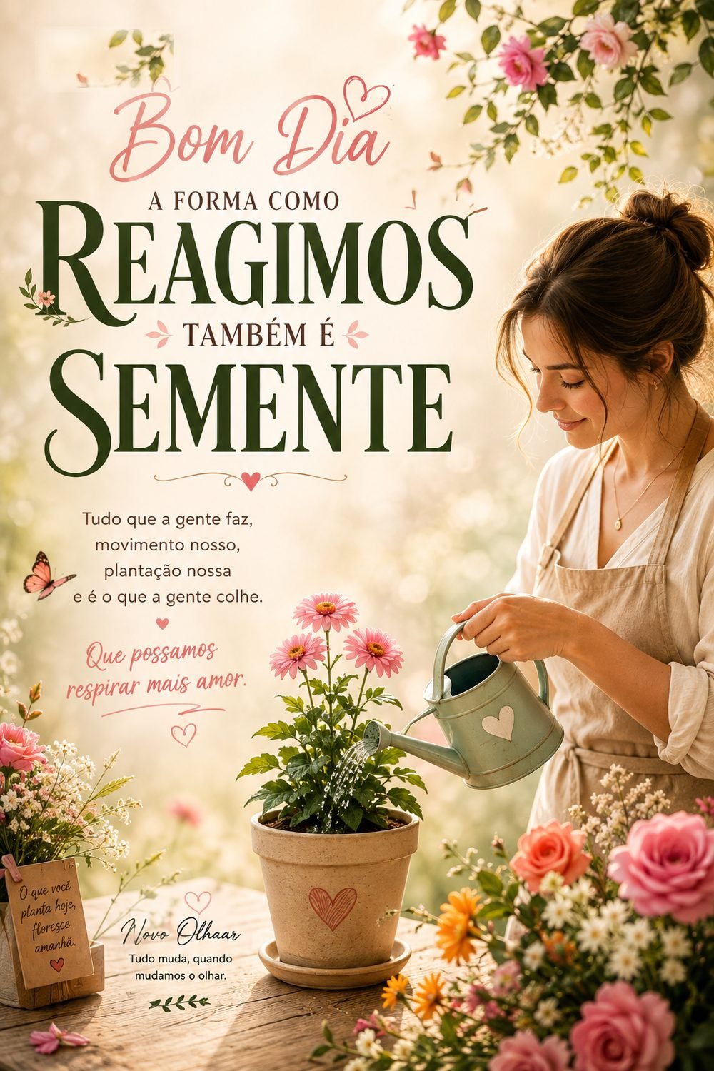 Uma mulher regando um vaso de flores num jardim de manhã, luz suave — a forma como reagimos também é semente