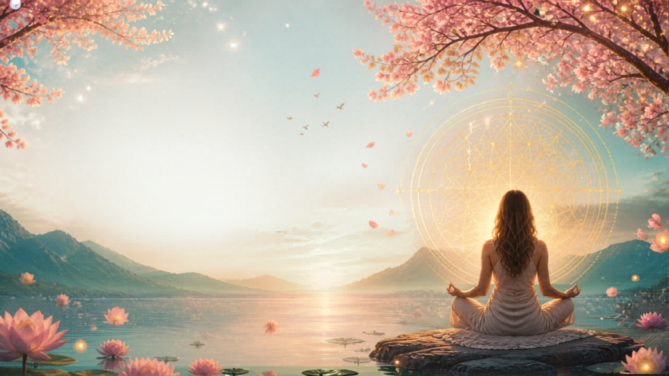 Mulher meditando à beira de um lago ao amanhecer, cercada por flores de cerejeira e uma mandala dourada de luz